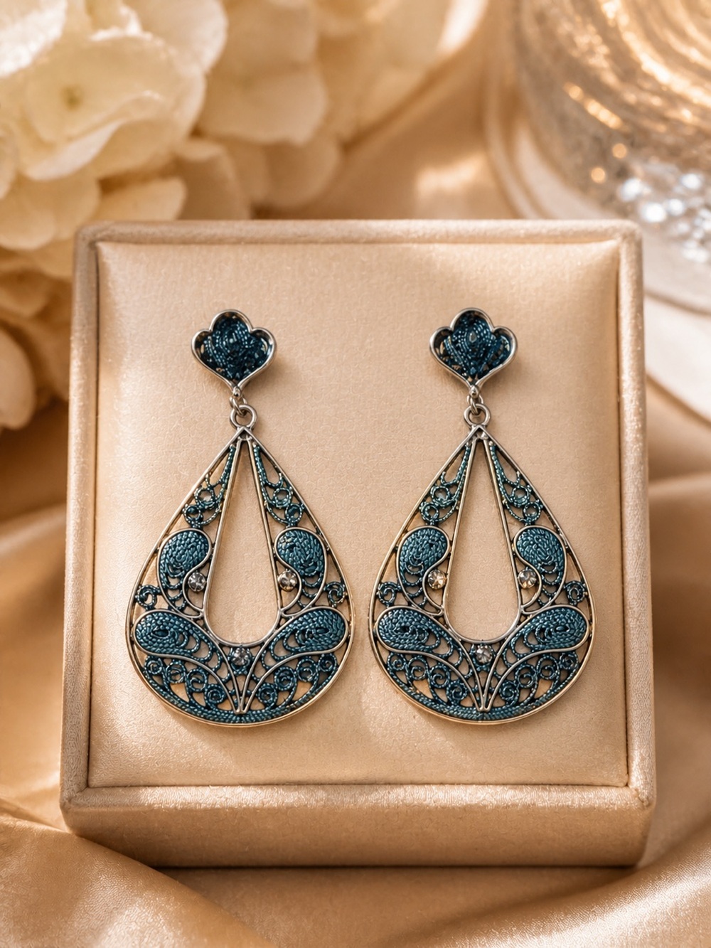 Intricate Teardrop Filigree Earrings in Teal